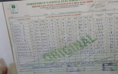 The original result sheet of the Isiuzo Local Government state constituency seat bye-election.