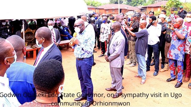 Godwin Obaseki Edo State Governor, on a sympathy visit in Ugo community in Orhionmwon Photo