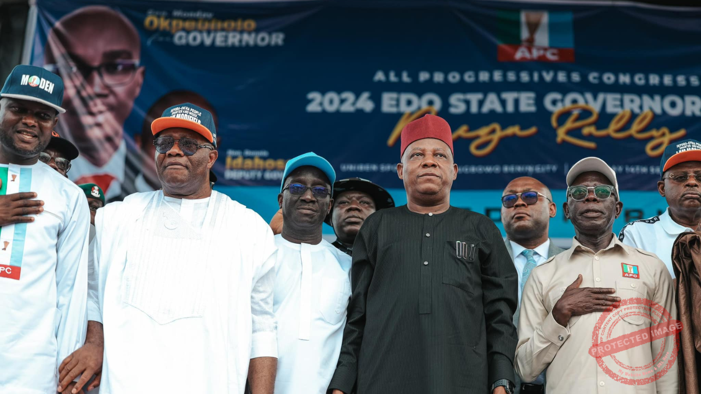 Edo 2024: Shettima, Akpabio, Ganduje Back Okpebholo for Governor, Dismiss 'Grammar' Debate—VP Says Intelligence Isn't Measured by Head Size as APC Rallies Support