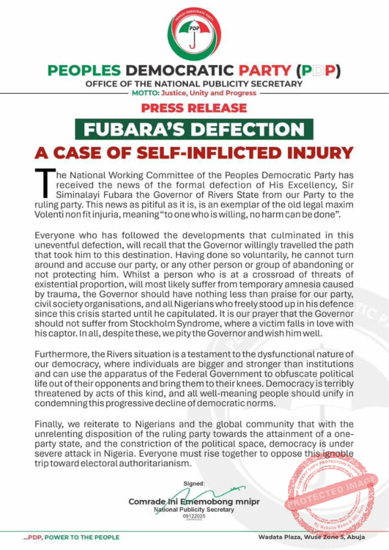 PDP Reacts to Gov. Fubara’s Defection to APC